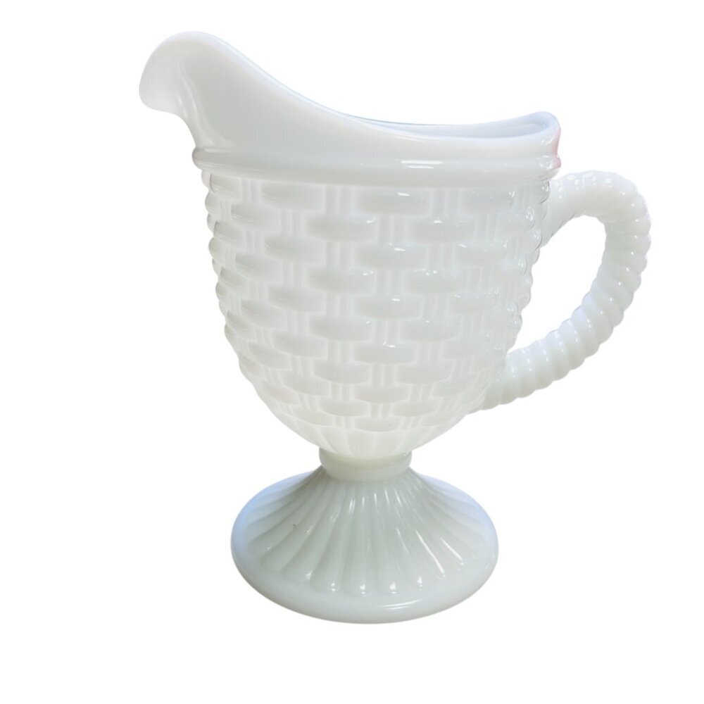 Vintage Imperial White Milk Glass Basket Weave Footed Creamer Pitcher